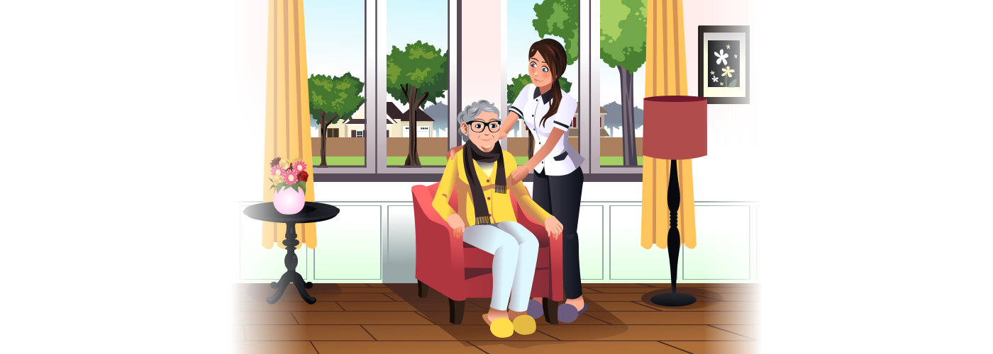 A vector illustration of young woman taking care of a senior lady