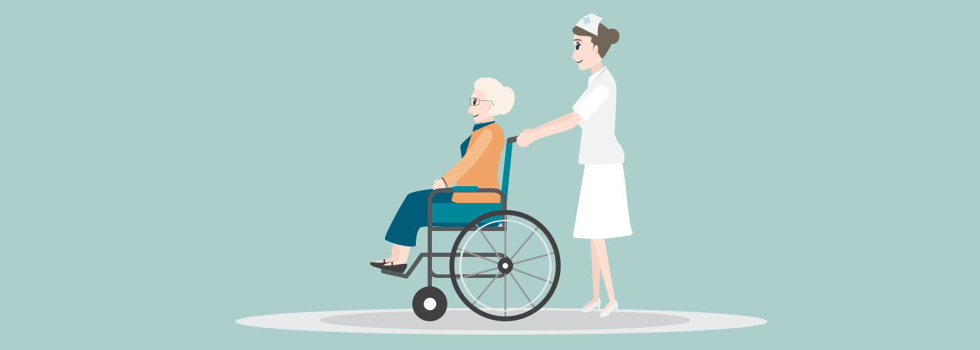 Nurse pushing wheelchair of elderly woman illustration, medical care concept